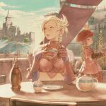  2girls beret blonde_hair braid castle cup final_fantasy final_fantasy_xiv gloves hat hat_feather highres kuroimori minfilia_warde multiple_girls official_art plant second-party_source sitting smile square_enix table tataru_taru teacup teapot 