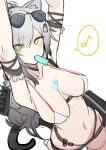  1girl arknights armpits arms_up bikini breasts commentary eighth_note eyewear_on_head food food_in_mouth hjl_(15623862639) large_breasts mouth_hold musical_note navel popsicle schwarz_(arknights) silver_hair simple_background solo stomach sunglasses swimsuit white_background yellow_eyes 