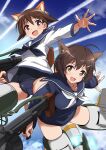  2girls :d animal_ear_fluff animal_ears ass_visible_through_thighs bangs blue_neckwear blue_sailor_collar blue_shirt blue_swimsuit brave_witches brown_eyes brown_hair clouds collarbone condensation_trail crotch drum_magazine eyebrows_visible_through_hair hair_ornament hairclip highres holding holding_weapon karibuchi_hikari long_sleeves looking_at_viewer magazine_(weapon) miyafuji_yoshika multiple_girls open_mouth outstretched_arm sailor_collar school_swimsuit school_uniform serafuku shirt short_hair sky smile strike_witches striker_unit swimsuit swimwear tail thighs tricky_46 type_99_cannon weapon white_neckwear white_shirt world_witches_series 