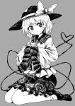  1girl absurdres bangs bow bright_pupils chups closed_mouth eyebrows_visible_through_hair floral_print frilled_skirt frilled_sleeves frills full_body grey_background hat hat_bow heart heart_of_string high_contrast highres komeiji_koishi long_sleeves looking_at_viewer monochrome rose_print seiza shirt shoes short_hair simple_background sitting skirt socks solo third_eye touhou wide_sleeves 