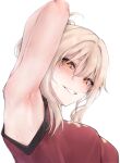  1girl armpits blonde_hair clenched_teeth commentary_request eyebrows_visible_through_hair eyes_visible_through_hair highres looking_at_viewer love_live! love_live!_nijigasaki_high_school_idol_club miyashita_ai nasuno_(nasuno42) short_hair simple_background smile solo sweat teeth upper_body white_background yellow_eyes 