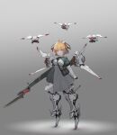  1girl absurdres ahoge assault_rifle bayonet blonde_hair blue_eyes drone full_body gun highres huge_filesize mecha_musume oota_youjo original rifle science_fiction short_hair simple_background smile weapon 