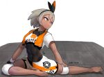  1girl bangs barefoot bea_(pokemon) black_bodysuit black_hairband bodysuit bodysuit_under_clothes bow_hairband closed_mouth collared_shirt covered_navel dark_skin dark-skinned_female dated eungi gloves grey_eyes grey_hair gym_leader hairband highres knee_pads looking_to_the_side mixed-language_commentary orange_towel pokemon pokemon_(game) pokemon_swsh print_shirt print_shorts shirt short_sleeves shorts side_slit side_slit_shorts single_glove sitting solo toes towel towel_around_neck wristband 