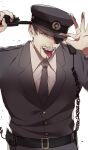  1boy adjusting_clothes adjusting_headwear black_eyepatch black_hair black_neckwear eyepatch facial_hair goatee hat highres looking_at_viewer majima_gorou male_focus mature_male necktie one-eyed police police_hat police_uniform radio radio_antenna ryuu_ga_gotoku ryuu_ga_gotoku_1 samuraisamurai tongue tongue_out uniform 