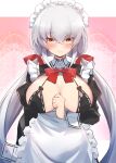  1girl absurdres apron black_bra black_dress bra breasts dress frilled_apron frills hair_ribbon highres juliet_sleeves large_breasts long_hair long_sleeves low_twintails maid maid_apron mizuno_tera original puffy_sleeves red_ribbon ribbon solo twintails underwear very_long_hair white_apron white_hair wrist_cuffs yellow_eyes 