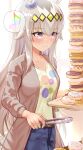  1girl alternate_costume animal_ears bangs belt blue_eyes blush breasts closed_mouth collarbone crossed_bangs doughnut eyebrows_visible_through_hair food hair_ornament highres horse_ears horse_girl long_sleeves musical_note oguri_cap_(umamusume) shirt silver_hair small_breasts smile solo tongs tray uenoryoma umamusume yellow_shirt 