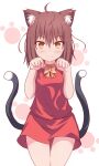  1girl absurdres ahoge animal_ear_fluff animal_ears blush bow bowtie breasts brown_eyes brown_hair cat_ears cat_tail chen cowboy_shot dress eyebrows_visible_through_hair furagu hands_up highres looking_at_viewer medium_hair multiple_tails nekomata no_hat no_headwear paw_pose red_dress simple_background small_breasts smile solo tail touhou two_tails white_background yellow_neckwear 
