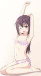  1girl armpits bangs blush breasts collarbone eyebrows_visible_through_hair fang highres hippo_(hirople) long_hair looking_at_viewer navel one_eye_closed open_mouth original panties purple_hair simple_background sitting small_breasts solo underwear waking_up wariza 
