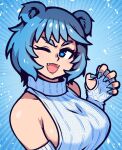  1girl akairiot black_background blue_eyes blue_hair blue_nails breasts fangs fingerless_gloves frostbite-chan_(akairiot) frostbite_(tournament) gloves hand_up large_breasts one_eye_closed open_mouth shadow short_hair sideboob smile solo upper_body 