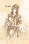  1girl armor brown_hair brown_theme character_name circlet dated elbow_gloves gloves hammer head_tilt highres kazuki-mendou leather_armor long_hair looking_at_viewer monochrome nerdanel one-hour_drawing_challenge pointy_ears sepia signature silmarillion smile solo standing very_long_hair 
