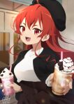  1girl :d ahoge bangs beret black_headwear black_jacket blurry blurry_background breasts brown_skirt commentary_request cup dated depth_of_field disposable_cup drinking_straw eris_greyrat hair_between_eyes hat holding holding_cup jacket long_hair looking_at_viewer medium_breasts mushoku_tensei neki_(wakiko) open_clothes open_jacket open_mouth pleated_skirt red_eyes redhead shirt signature skirt smile solo thick_eyebrows upper_teeth very_long_hair white_shirt 