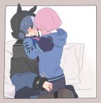  2girls arknights blue_hair blue_poison_(arknights) blush commentary glaucus_(arknights) hood hooded_jacket implied_kiss jacket kumamoto_aichi long_tongue low_twintails multicolored_hair multiple_girls pantyhose pink_hair saliva saliva_trail shorts sitting sitting_on_lap sitting_on_person streaked_hair symbol_commentary tongue twintails yuri 
