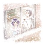 1boy 1girl bangs black_hair blue_eyes blush brown_eyes closed_mouth collarbone commentary_request cup dark_blue_hair dress hands_on_window holding holding_cup indoors koike_(coikekke) labcoat long_sleeves looking_at_viewer looking_back medium_hair okabe_rintarou open_mouth shiina_mayuri smile snowing standing steins;gate table upper_body window 