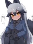  1girl animal_ears aramaru bangs black_gloves black_legwear black_neckwear black_shirt blazer blue_jacket bow bowtie commentary eyebrows_visible_through_hair fox_ears fox_tail fur-trimmed_sleeves fur_trim gloves grey_hair grey_skirt highres jacket kemono_friends leg_hug long_hair long_sleeves looking_at_viewer miniskirt open_mouth orange_eyes pantyhose pleated_skirt shirt silver_fox_(kemono_friends) simple_background sitting skirt solo tail translated white_background 