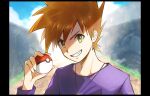  1boy blue_oak brown_hair clouds commentary_request day green_eyes holding holding_poke_ball jewelry looking_at_viewer male_focus necklace outdoors pillarboxed poke_ball poke_ball_(basic) pokemon pokemon_(game) pokemon_rgby punico_(punico_poke) purple_shirt shirt sky solo spiky_hair teeth 
