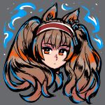  1girl akairiot angelina_(arknights) animal_ears arknights bangs blue_fire brown_hair expressionless fire fox_ears grey_background highres long_hair looking_at_viewer red_eyes simple_background solo twintails 