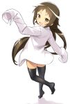 1girl :d black_legwear brown_hair commentary_request full_body hatakenaka_(kamagabuchi) highres long_hair long_sleeves looking_at_viewer mikakunin_de_shinkoukei mitsumine_mashiro open_mouth shadow shirt simple_background sleeves_past_fingers sleeves_past_wrists smile solo standing thigh-highs white_background white_shirt yellow_eyes 