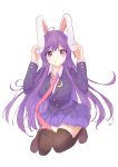  absurdres animal_ears black_legwear blazer blouse breasts buttons collared_blouse crescent crescent_pin diving_penguin eyebrows_visible_through_hair highres jacket large_breasts light_purple_hair long_hair medium_skirt necktie pink_skirt pleated_skirt purple_hair rabbit_ears rabbit_girl red_eyes red_neckwear reisen_udongein_inaba shoes simple_background skirt tongue touhou very_long_hair white_background white_blouse 