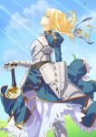  1girl absurdres armor armored_dress artoria_pendragon_(all) blonde_hair blue_sky braid breastplate clouds dress fate/stay_night fate_(series) from_side gauntlets gloves grass green_eyes hair_between_eyes highres juliet_sleeves long_hair long_sleeves looking_up outdoors parted_lips planted_sword planted_weapon puffy_sleeves ribbon saber sky solo sword takakiyo weapon 