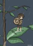  1girl barefoot brown_hair brown_shirt eyebrows_visible_through_hair grey_skirt highres kishimen_udn looking_back minigirl original rain sad shirt signature simple_background skirt snail_girl solo walking 