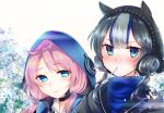  2girls arknights blue_eyes blue_hair blue_poison_(arknights) blush candy choker double_bun eyebrows_visible_through_hair food glaucus_(arknights) hat hood hooded_jacket jacket lollipop low_twintails multicolored_hair multiple_girls naoi_retsu pink_hair streaked_hair twintails yuri 