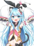  1girl animal_ear_fluff animal_ears black_bow blue_eyes blush bow bunny_hair_ornament cat_ears checkered checkered_headwear commentary_request detached_sleeves fake_animal_ears fang flat_chest hair_ornament hands_up hat highres kinakon light_blue_hair long_hair looking_at_viewer midriff navel near_(sound_voltex) nyan onomatopoeia sleeves_past_fingers sleeves_past_wrists smile solo sound_voltex stomach tail thick_eyebrows tilted_headwear translated vest white_background wide_sleeves 