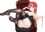  1girl absurdres bare_arms bare_shoulders black_dress black_legwear breasts chair dress feet feet_up garter_straps highres leg_up long_hair looking_at_viewer no_shoes original panties pantyhose red_eyes redhead rubyaano_(ducl323) small_breasts smile soles thigh-highs toes underwear white_panties 
