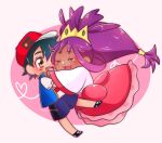  1boy 1girl ash black_hair dress highres hug iris_(pokemon) pink_dress pokemon pokemon_(anime) pokemon_swsh_(anime) purple_hair 