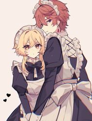  1boy 1girl ahoge apron back_bow bangs black_bow black_dress blonde_hair blue_eyes bow bowtie cowboy_shot dress genshin_impact grey_background heart jewelry juliet_sleeves long_sleeves looking_at_viewer lumine_(genshin_impact) maid maid_headdress orange_hair puffy_sleeves sidelocks single_earring sleeve_cuffs tartaglia_(genshin_impact) white_apron white_bow yellow_eyes 