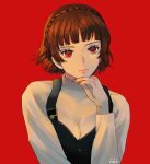  1girl arm_up bangs black_vest blunt_bangs braided_hairband brown_hair hairband hand_on_own_chin hand_up head_on_hand head_rest head_tilt long_sleeves nail_polish niijima_makoto persona persona_5 red_background red_eyes red_nails short_hair signature simple_background solo_focus sweater turtleneck turtleneck_sweater vest white_sweater zahchii_(airiakasaki) 