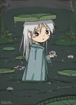  1girl brown_eyes coat flower grey_hair highres holding holding_flower kishimen_udn lily_(flower) lily_pad long_hair looking_back original parted_lips partially_submerged pond signature solo standing 