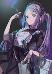  1girl absurdres asagon007 barcode blue_eyes cigarette gun handgun highres holstered_weapon long_hair looking_at_viewer maid maid_headdress original pistol purple_hair science_fiction sheath sheathed smoking solo sword twintails weapon 