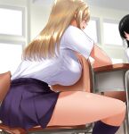2girls black_hair breast_press breasts chair closed_eyes commentary_request highres kneehighs large_breasts long_hair multiple_girls open_mouth original pleated_skirt purple_skirt ricochet-gou shirt short_sleeves sitting skirt smile table thighs white_shirt
