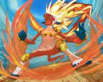  clouds commentary_request day fire fure_(flelele66) gen_4_pokemon infernape legs_apart open_mouth outdoors pokemon sky stadium standing toes tongue upper_teeth white_fur 