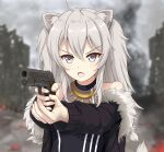  1girl :o animal_ears bangs bare_shoulders black_jacket black_shirt blurry blurry_background commentary_request depth_of_field english_text eyebrows_visible_through_hair fang flipper fur-trimmed_jacket fur_trim grey_eyes grey_hair gun hair_between_eyes handgun highres holding holding_gun holding_weapon hololive jacket lion_ears lion_girl lion_tail long_hair long_sleeves m1911 off_shoulder open_clothes open_jacket open_mouth outstretched_arms pistol shirt shishiro_botan sleeveless sleeveless_shirt solo tail two_side_up v-shaped_eyebrows virtual_youtuber weapon 