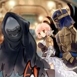  1boy 1girl 1other armor armored_dress au_ra blurry blurry_background dark_knight_(final_fantasy) distracted_boyfriend_(meme) dragon_horns dragon_tail fangs fenrishion final_fantasy final_fantasy_xiv fray_myste glowing highres hood horns looking_at_another looking_back mask meme monster pink_hair reaper_(final_fantasy) red_eyes shadow short_hair smile tail 