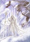  1boy bird closed_mouth crown eagle flying holding holding_staff kazuki-mendou long_sleeves looking_at_viewer male_focus manwe one-hour_drawing_challenge purple_theme robe signature silmarillion solo staff wide_sleeves 
