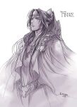  1boy belt cape closed_mouth crown finwe kazuki-mendou long_hair looking_up male_focus monochrome one-hour_drawing_challenge pointy_ears ponytail robe silmarillion simple_background solo white_background 