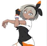  1girl bangs bea_(pokemon) black_bodysuit black_hairband bodysuit bodysuit_under_clothes bow_hairband breasts closed_mouth commentary_request covered_navel dark_skin dark-skinned_female dynamax_band eyelashes gloves grey_eyes grey_hair gym_leader hair_between_eyes hairband korean_commentary kyamagwi looking_at_viewer pokemon pokemon_(game) pokemon_swsh print_shirt print_shorts shirt short_sleeves shorts simple_background single_glove solo stretch white_background 