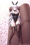  1girl absurdres animal_ears bindong breasts detached_collar full_body garter_straps highres large_breasts long_hair looking_at_viewer lying no_shoes original parted_lips playboy_bunny rabbit_ears silver_hair skindentation solo thigh-highs toes violet_eyes wrist_cuffs 