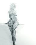  1girl android covering covering_breasts expressionless greyscale hair_between_eyes highres ishiyumi joints mechanical_arms mechanical_buddy_universe mechanical_legs momdroid_(mechanical_buddy_universe) monochrome nude robot_joints science_fiction short_hair solo 