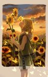  1boy bug butterfly closed_eyes clouds evening field flower flower_field green_eyes green_hair highres holding holding_flower hood hood_down insect looking_up male_focus nomi_(kurocxx110) outdoors pinocchio_(sinoalice) short_hair shorts sinoalice sky solo sunflower sunset 