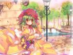  1girl alternate_color apple bangs basket blush bonnet bow bridge closed_mouth commentary_request cowboy_shot cross day dress eyebrows_visible_through_hair food fruit grapes green_hair hair_bow headdress high_priest_(ragnarok_online) hizukiryou holding holding_basket juliet_sleeves lamppost long_sleeves looking_at_viewer medium_hair outdoors puffy_sleeves ragnarok_online red_apple red_bow sash smile solo streamers tree two-tone_dress water white_dress white_sash wind yellow_dress yellow_eyes 