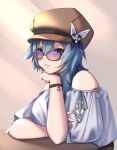  1girl absurdres bare_shoulders blouse blue_hair breasts cabbie_hat casual eula_(genshin_impact) genshin_impact glasses hat highres large_breasts long_sleeves looking_at_viewer lyrie_luna solo sunglasses upper_body wristband 