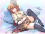  1girl :3 bangs bicorne black_legwear blue_headwear blush boobplate breasts brown_eyes brown_hair brown_skirt cape closed_mouth commentary_request eyebrows_visible_through_hair foot_out_of_frame hair_between_eyes hat hizukiryou marin_(ragnarok_online) no_shoes paladin_(ragnarok_online) partially_submerged ragnarok_online red_cape short_hair sitting skirt slime_(creature) smile thigh-highs water 