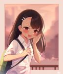  1girl :d backpack bag bangs blurry blurry_background blush border brown_eyes brown_hair collared_shirt commentary_request earrings hair_ornament hairclip hand_up hands_up highres holding_strap ijiranaide_nagatoro-san jewelry long_hair looking_at_viewer nagatoro_hayase open_mouth outdoors roin shirt short_sleeves smile solo upper_body white_border white_shirt 