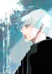  1boy absurdres bangs black_shirt closed_mouth eyebrows_visible_through_hair from_side green_background grey_hair highres kaneki_ken kyuuba_melo male_focus messy_hair profile red_eyes shirt short_hair solo tokyo_ghoul upper_body white_background 