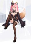  1girl alternate_eye_color animal_ears black_footwear black_legwear blue_bow bow breasts detached_sleeves fate/extra fate/extra_ccc fate/grand_order fate_(series) fox_ears fox_girl fox_tail hair_bow hat high_heels highres large_breasts long_hair mini_hat mini_top_hat pink_hair red_eyes sleeves_past_fingers sleeves_past_wrists solo tail tamamo_(fate)_(all) tamamo_no_mae_(fate) thigh-highs top_hat twintails usagi_koneko 