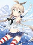  1girl alternate_eye_color blonde_hair blush chestnut_mouth crop_top green_eyes highres kantai_collection long_hair navel shiino_sera shimakaze_(kancolle) solo very_long_hair 