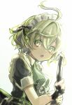  1boy ahoge belt broom buckle cetus_kkk eyebrows_visible_through_hair green_eyes green_hair hair_ribbon looking_at_viewer maid maid_headdress male_focus open_mouth pinocchio_(sinoalice) puffy_sleeves ribbon sinoalice solo surprised suspenders white_background wrist_cuffs 
